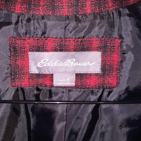 Eddie Bauer Red Black Wool Plaid Women’s Blazer Pockets Double Button Closure 6 - Picture 4 of 9